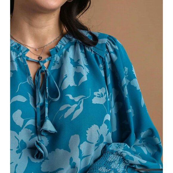 Umgee Blue Teal Floral Notch Neck Balloon Sleeve Tassel Blouse Top New Size S - Picture 3 of 12